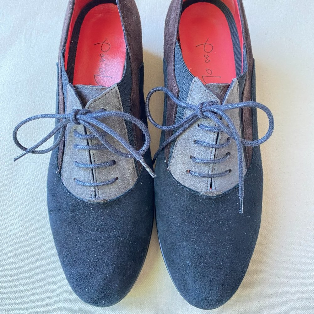 Pas de Rouge Black, Brown, Gray Retro Wedge Oxford Shoes, Size 37.